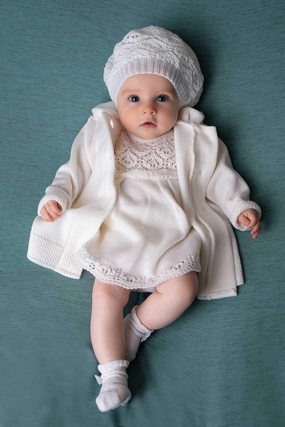 Taufkleid für Mädchen Baby Set Mütze und Kleid Strickkleid mit passender Mütze 