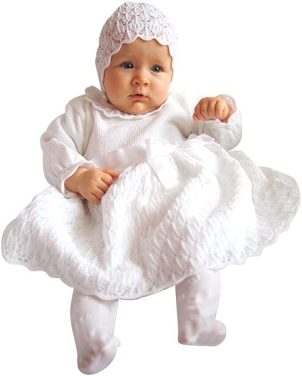 Taufkleider Mädchen: Weißes Taufkleid mit Mütze und Schlaufe